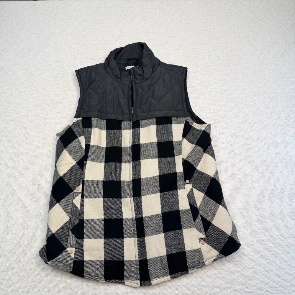 Maurices Womens Black White Buffalo Plaid Quilted Mixed Media Puffer Vest Large